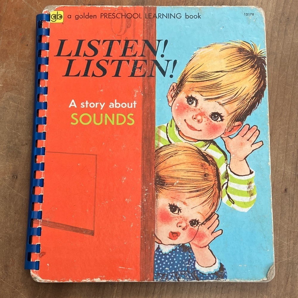 Vintage 1972 board book Golden Preschool Learning Book - Listen! Listen!